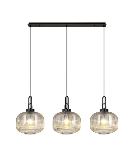 Allardyce Linear 3 Light Pendant E27, Black Chrome/Matt Black With 30cm Pumpkin Shaped Ribbed Champagne Glass