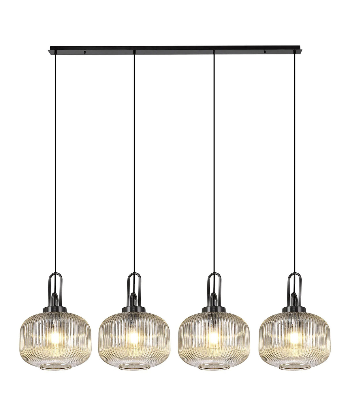 Allardyce Linear Pendant, 4 x E27, Black Chrome/Matt Black With 30cm Pumpkin Shaped Ribbed Champagne Glass