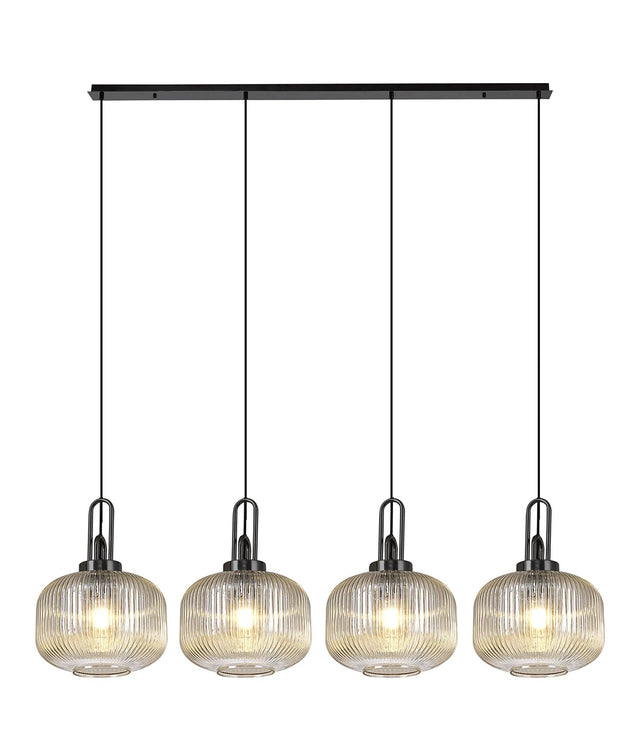 Allardyce Linear Pendant, 4 x E27, Black Chrome/Matt Black With 30cm Pumpkin Shaped Ribbed Champagne Glass