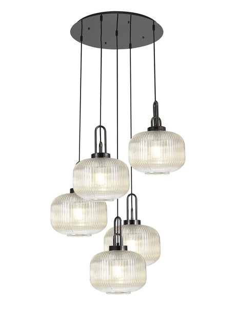 Allardyce 2.5m Round Pendant, 5 x E27, Black Chrome/Matt Black With 30cm Pumpkin Shaped Ribbed Champagne Glass
