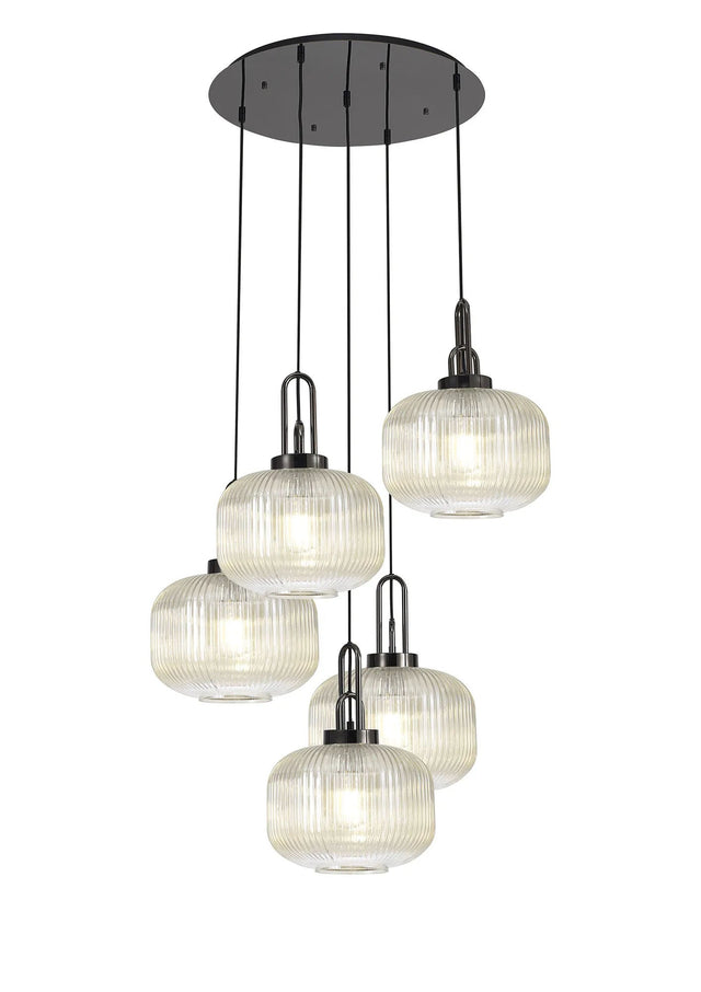 Allardyce 2.5m Round Pendant, 5 x E27, Black Chrome/Matt Black With 30cm Pumpkin Shaped Ribbed Champagne Glass