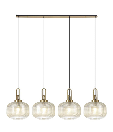 Allardyce Linear Pendant, 4 x E27, Brass Gold/Matt Black With 30cm Pumpkin Shaped Ribbed Champagne Glass