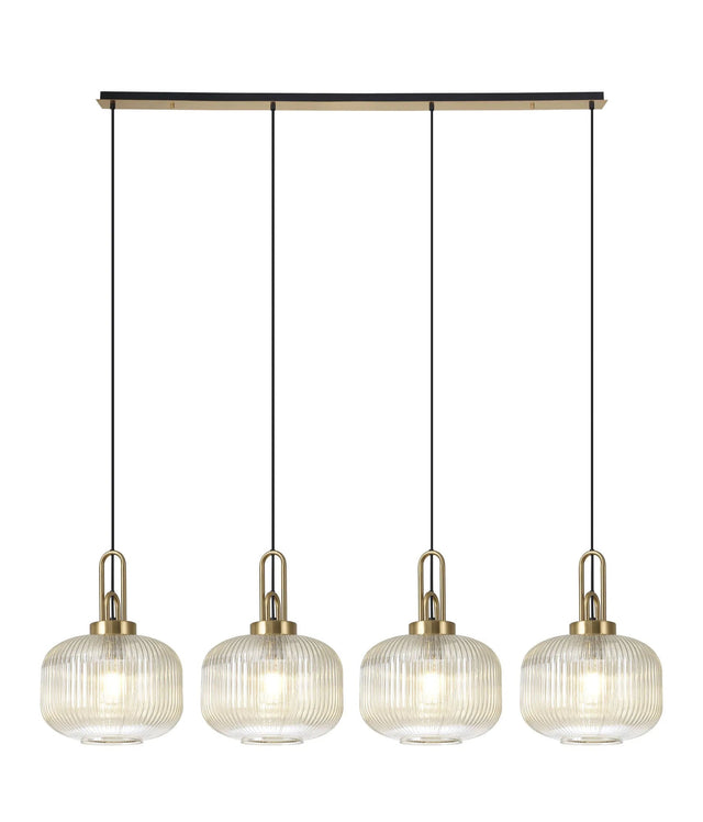 Allardyce Linear Pendant, 4 x E27, Brass Gold/Matt Black With 30cm Pumpkin Shaped Ribbed Champagne Glass