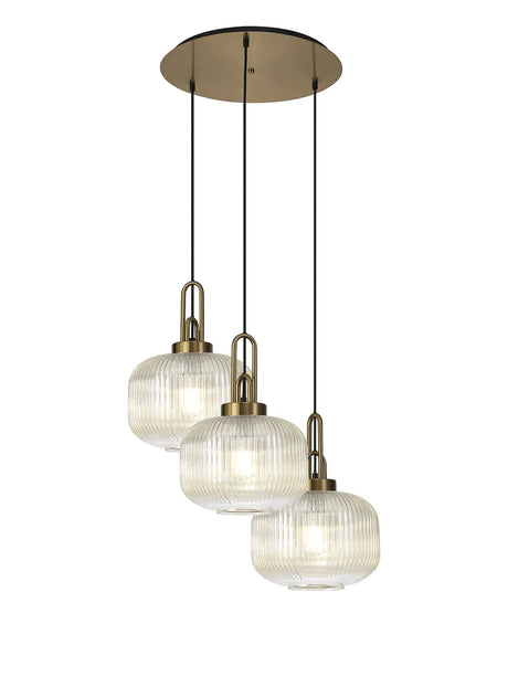 Allardyce 2m Round Pendant, 3 x E27, Brass Gold/Matt Black With 30cm Pumpkin Shaped Ribbed Champagne Glass