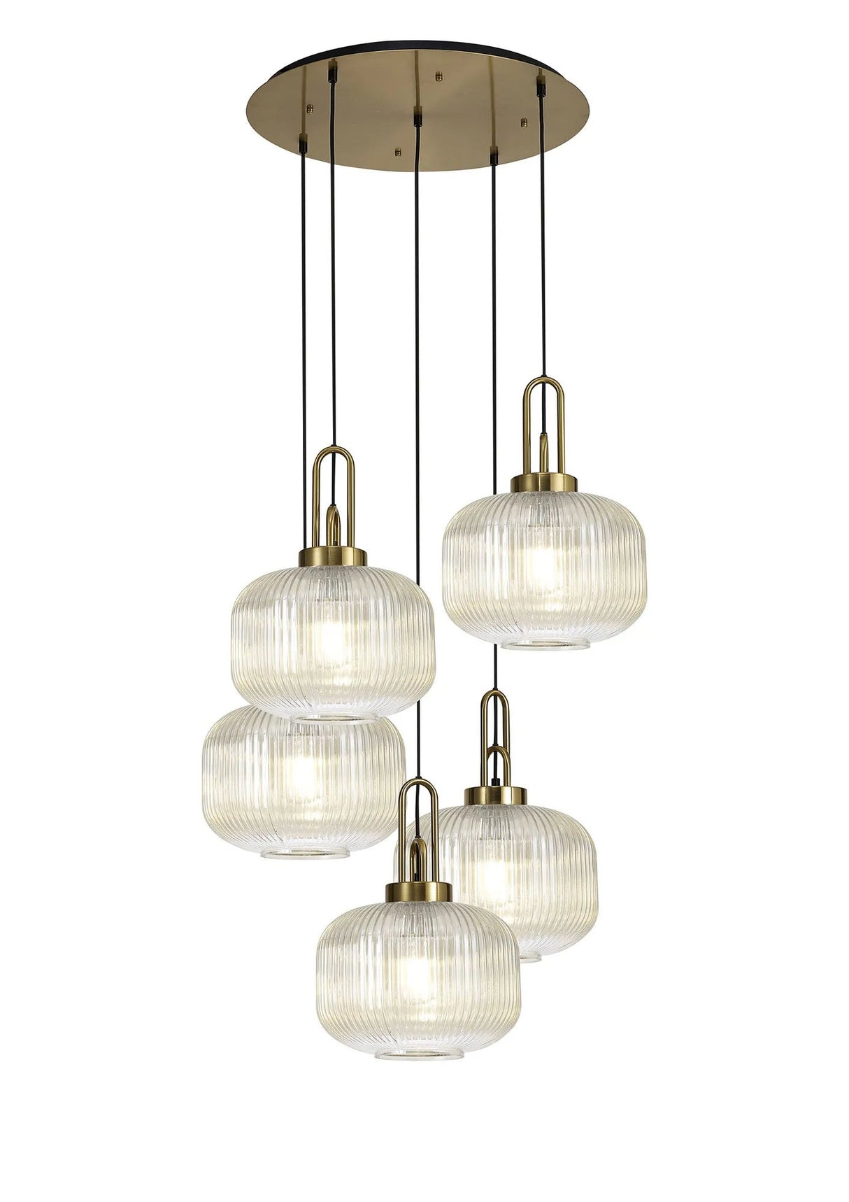 Allardyce 2.5m Round Pendant, 5 x E27, Brass Gold/Matt Black With 30cm Pumpkin Shaped Ribbed Champagne Glass