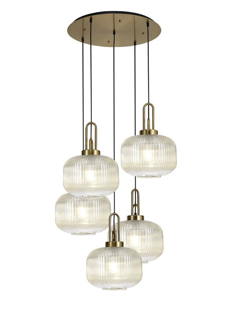 Allardyce 2.5m Round Pendant, 5 x E27, Brass Gold/Matt Black With 30cm Pumpkin Shaped Ribbed Champagne Glass