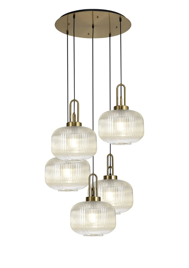 Allardyce 2.5m Round Pendant, 5 x E27, Brass Gold/Matt Black With 30cm Pumpkin Shaped Ribbed Champagne Glass