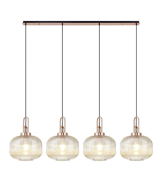 Allardyce Linear Pendant, 4 x E27, Copper/Matt Black With 30cm Pumpkin Shaped Ribbed Champagne Glass