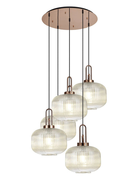 Allardyce 2.5m Round Pendant, 5 x E27, Copper/Matt Black With 30cm Pumpkin Shaped Ribbed Champagne Glass