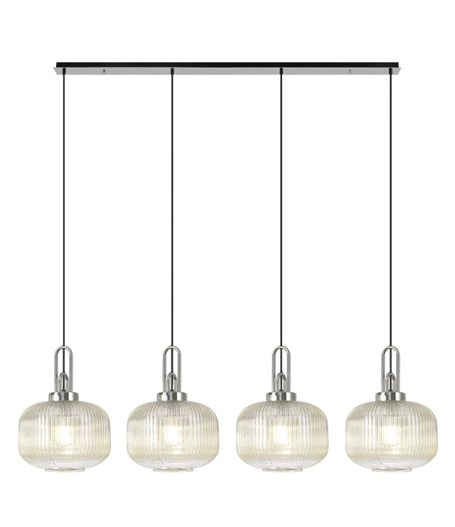 Allardyce Linear Pendant, 4 x E27, Polished Nickel/Matt Black With 30cm Pumpkin Shaped Ribbed Champagne Glass