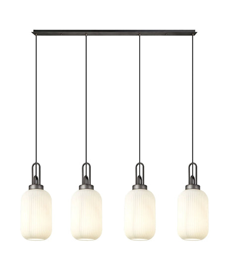 Allardyce Linear 4 Light Pendant With 20cm Tubular Ribbed Glass, Aged Pewter/Matt Black Opal