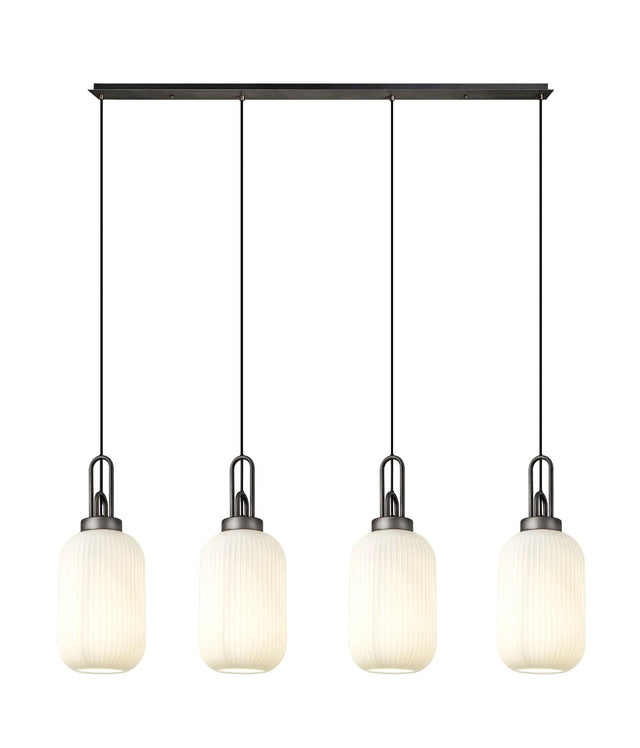 Allardyce Linear 4 Light Pendant With 20cm Tubular Ribbed Glass, Aged Pewter/Matt Black Opal