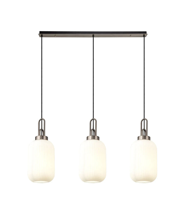 Allardyce Linear 3 Light Pendant With 20cm Tubular Ribbed Glass, Antique Silver/Matt Black Opal