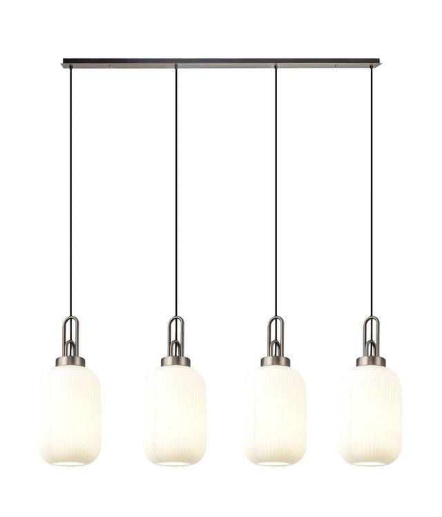 Allardyce Linear 4 Light Pendant With 20cm Tubular Ribbed Glass, Antique Silver/Matt Black Opal