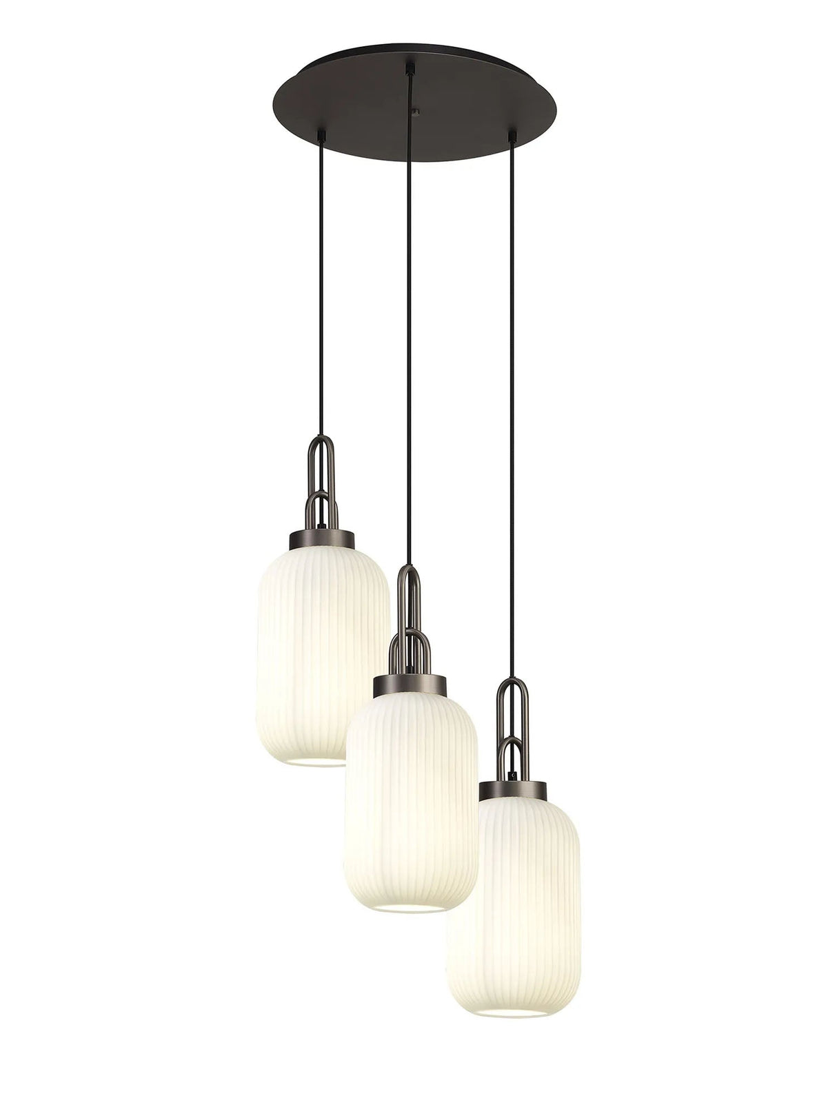 Allardyce Round 3 Light Pendant With 20cm Tubular Ribbed Glass, Antique Silver/Matt Black Opal