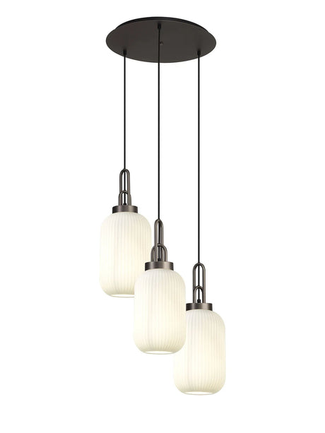 Allardyce Round 3 Light Pendant With 20cm Tubular Ribbed Glass, Antique Silver/Matt Black Opal
