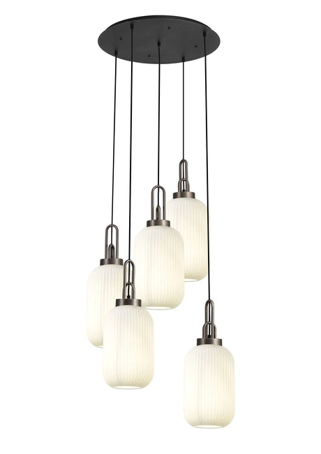 Allardyce Round 5 Light Pendant With 20cm Tubular Ribbed Glass, Antique Silver/Matt Black Opal