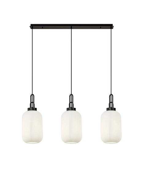 Allardyce Linear 3 Light Pendant With 20cm Tubular Ribbed Glass, Black Chrome/Matt Black Opal