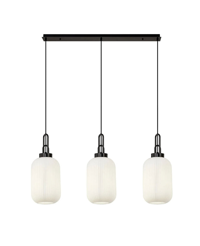 Allardyce Linear 3 Light Pendant With 20cm Tubular Ribbed Glass, Black Chrome/Matt Black Opal
