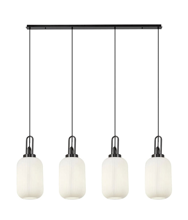 Allardyce Linear 4 Light Pendant With 20cm Tubular Ribbed Glass, Black Chrome/Matt Black Opal