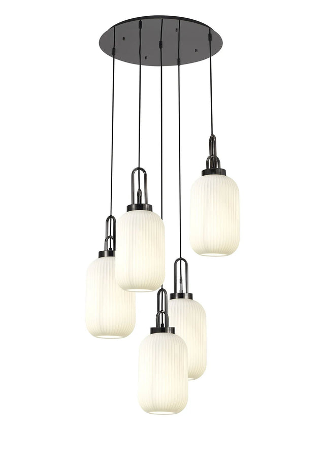 Allardyce Round 5 Light Pendant With 20cm Tubular Ribbed Glass, Black Chrome/Matt Black Opal