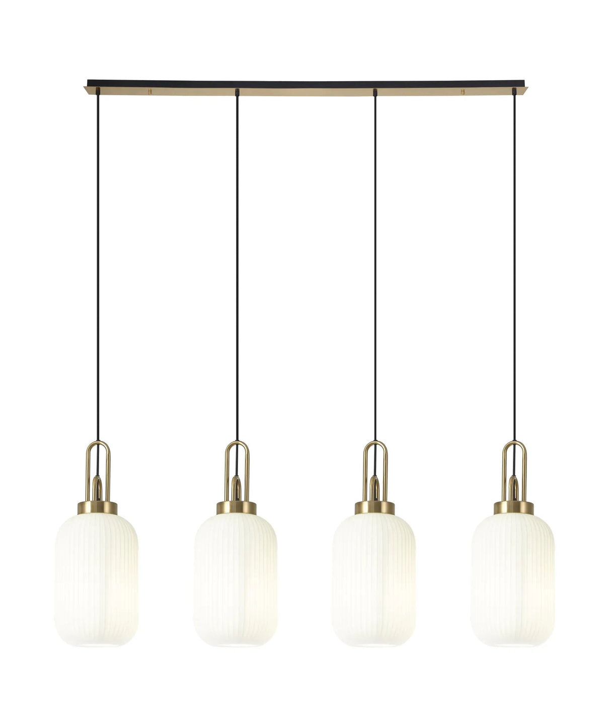 Allardyce Linear 4 Light Pendant With 20cm Tubular Ribbed Glass, Brass Gold/Matt Black Opal