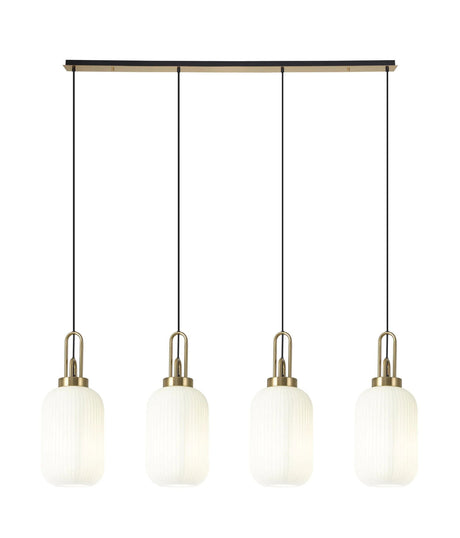 Allardyce Linear 4 Light Pendant With 20cm Tubular Ribbed Glass, Brass Gold/Matt Black Opal