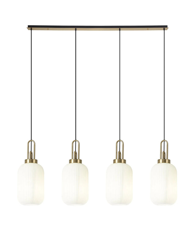 Allardyce Linear 4 Light Pendant With 20cm Tubular Ribbed Glass, Brass Gold/Matt Black Opal
