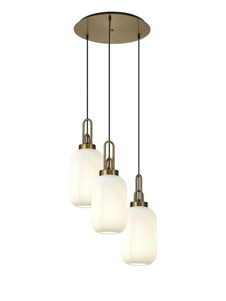 Allardyce Round 3 Light Pendant With 20cm Tubular Ribbed Glass, Brass Gold/Matt Black Opal
