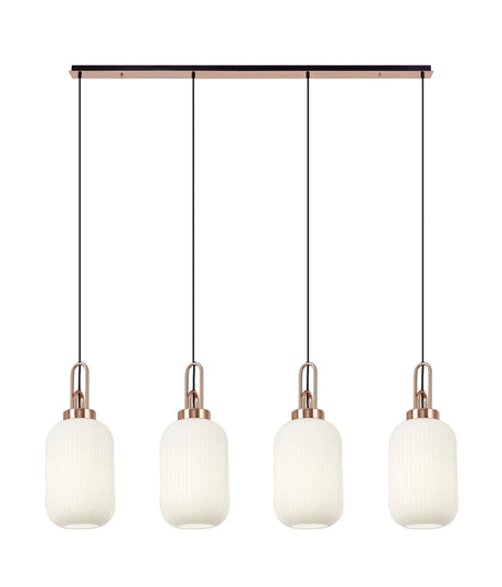 Allardyce Linear 4 Light Pendant With 20cm Tubular Ribbed Glass, Copper/Matt Black Opal