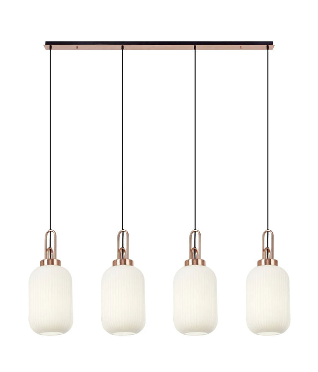 Allardyce Linear 4 Light Pendant With 20cm Tubular Ribbed Glass, Copper/Matt Black Opal