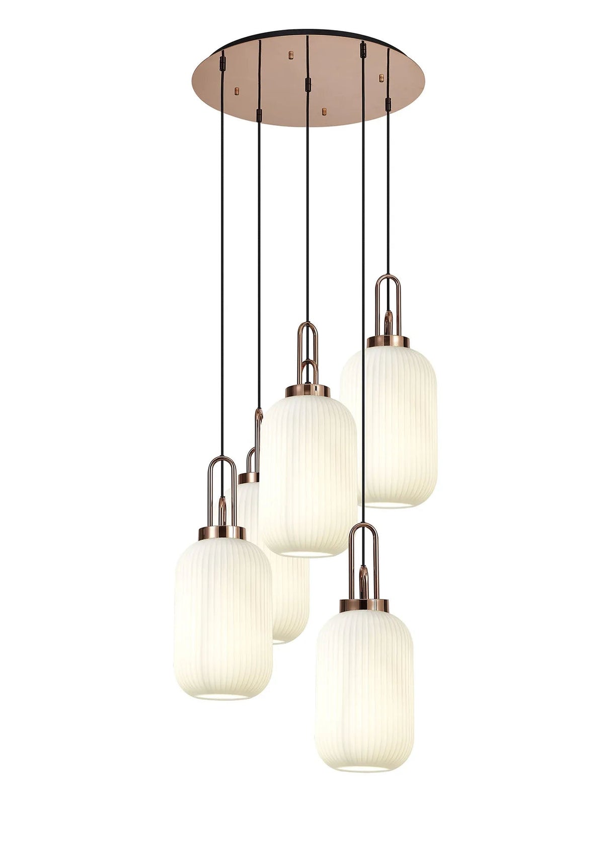 Allardyce Round 5 Light Pendant With 20cm Tubular Ribbed Glass, Copper/Matt Black Opal