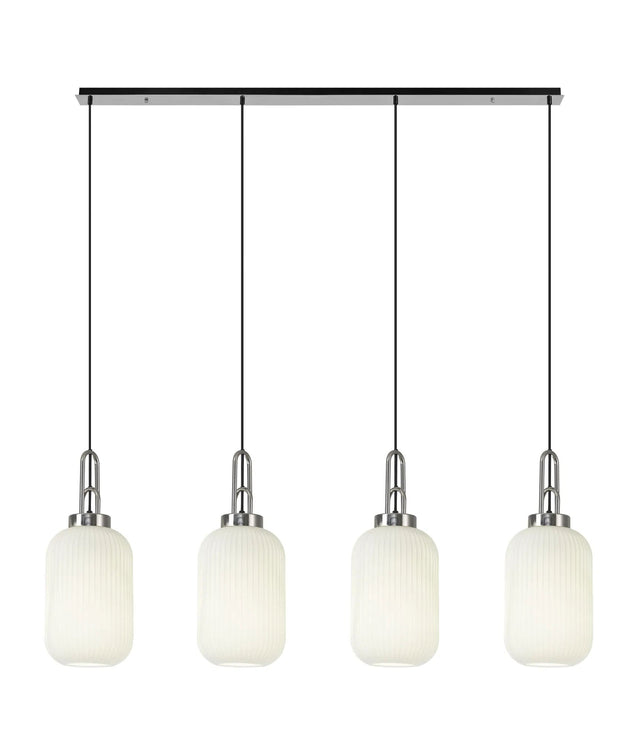 Allardyce Linear 4 Light Pendant With 20cm Tubular Ribbed Glass, Polished Nickel/Matt Black Opal