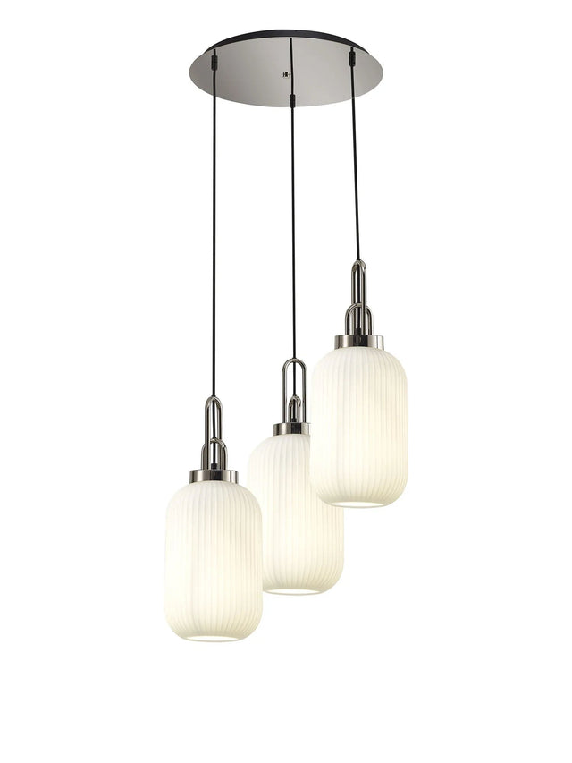 Allardyce Round 3 Light Pendant With 20cm Tubular Ribbed Glass, Polished Nickel/Matt Black Opal