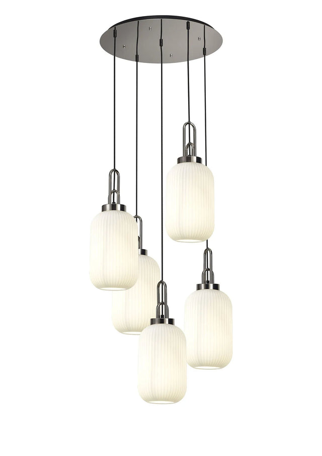 Allardyce Round 5 Light Pendant With 20cm Tubular Ribbed Glass, Polished Nickel/Matt Black Opal