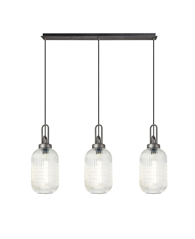 Allardyce Linear 3 Light Pendant With 20cm Tubular Ribbed Glass, Aged Pewter/Matt Black Clear