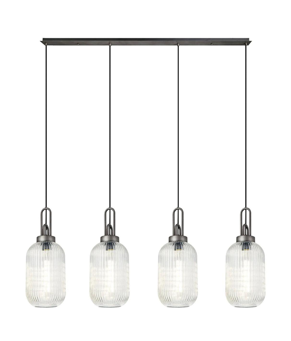 Allardyce Linear 4 Light Pendant With 20cm Tubular Ribbed Glass, Aged Pewter/Matt Black Clear