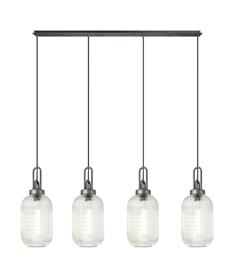 Allardyce Linear 4 Light Pendant With 20cm Tubular Ribbed Glass, Aged Pewter/Matt Black Clear