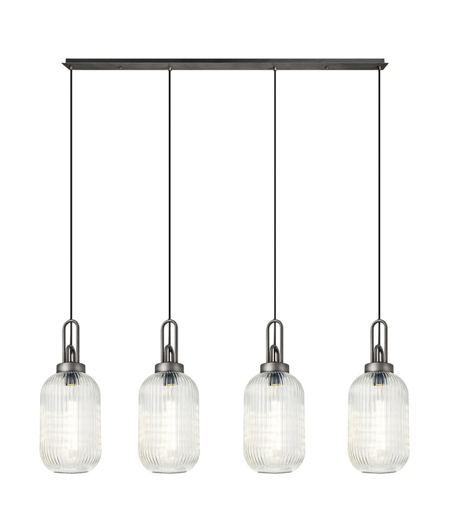 Allardyce Linear 4 Light Pendant With 20cm Tubular Ribbed Glass, Aged Pewter/Matt Black Clear