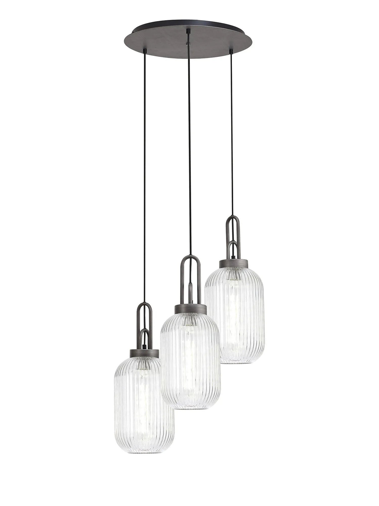Allardyce Round 3 Light Pendant With 20cm Tubular Ribbed Glass, Aged Pewter/Matt Black Clear
