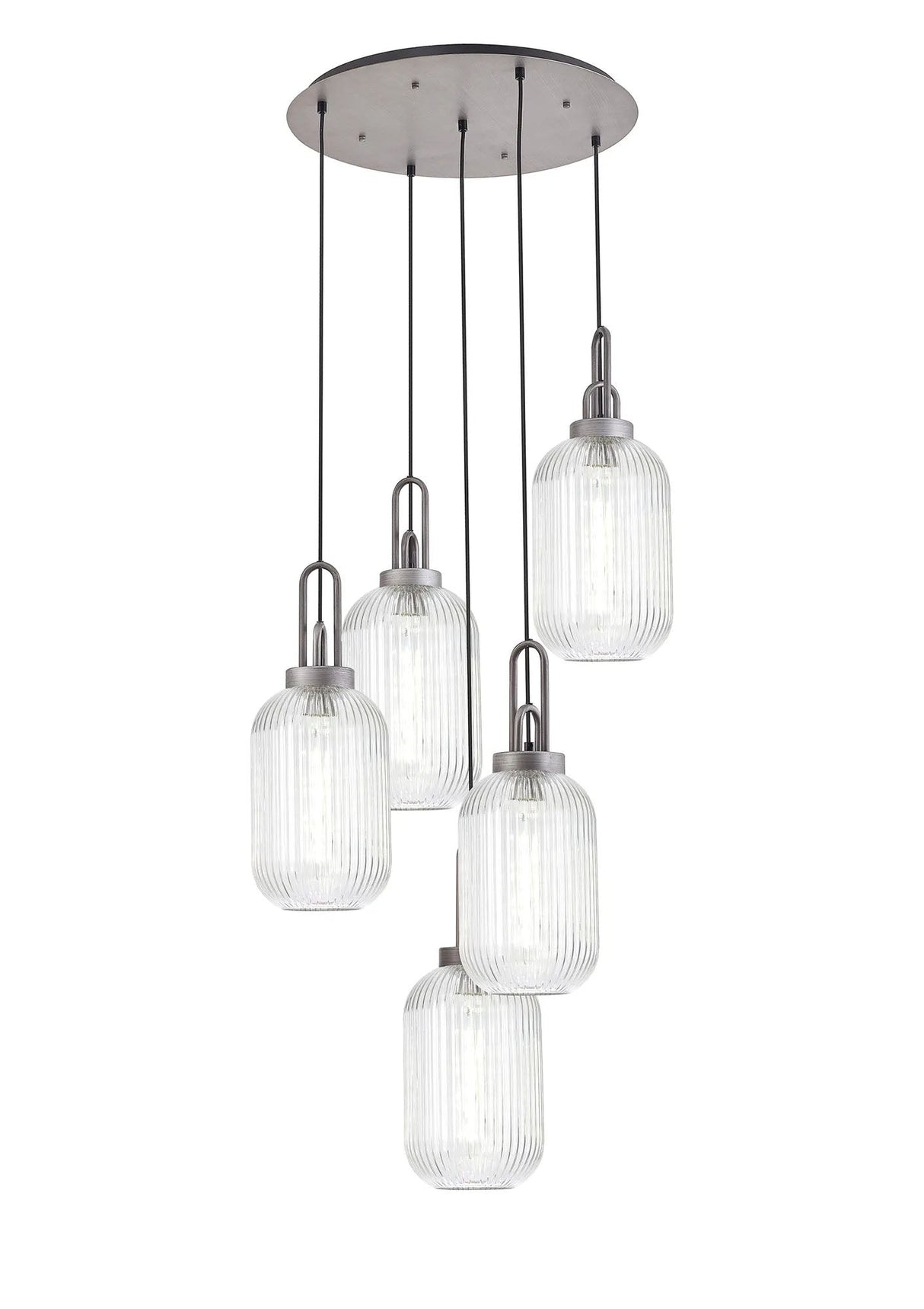 Allardyce Round 5 Light Pendant With 20cm Tubular Ribbed Glass, Aged Pewter/Matt Black Clear