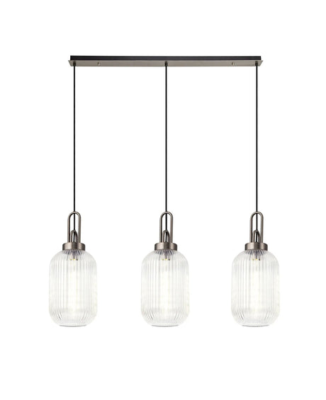 Allardyce Linear 3 Light Pendant With 20cm Tubular Ribbed Glass, Antique Silver/Matt Black Clear