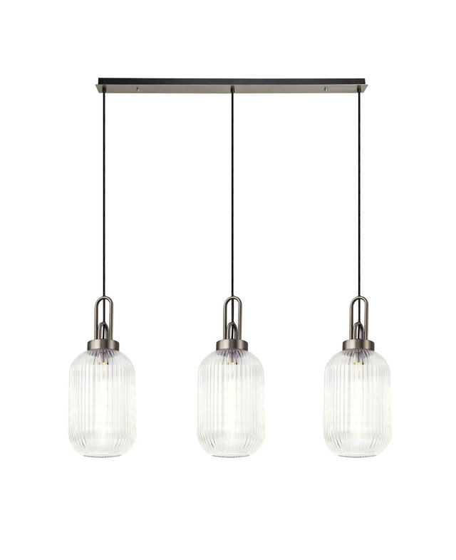 Allardyce Linear 3 Light Pendant With 20cm Tubular Ribbed Glass, Antique Silver/Matt Black Clear