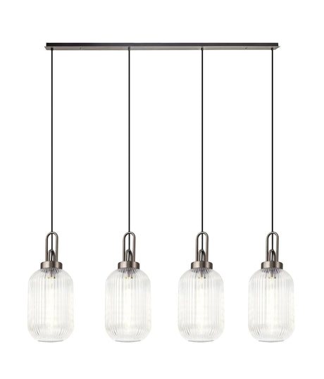 Allardyce Linear 4 Light Pendant With 20cm Tubular Ribbed Glass, Antique Silver/Matt Black Clear