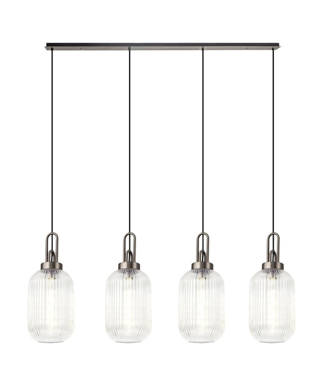 Allardyce Linear 4 Light Pendant With 20cm Tubular Ribbed Glass, Antique Silver/Matt Black Clear