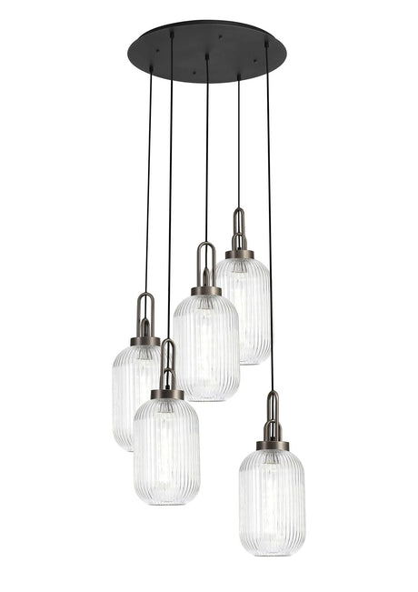 Allardyce Round 5 Light Pendant With 20cm Tubular Ribbed Glass, Antique Silver/Matt Black Clear