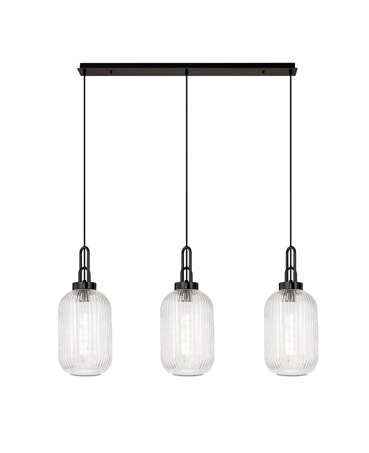Allardyce Linear 3 Light Pendant With 20cm Tubular Ribbed Glass, Black Chrome/Matt Black Clear