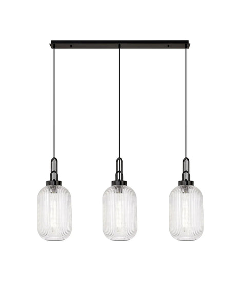 Allardyce Linear 3 Light Pendant With 20cm Tubular Ribbed Glass, Black Chrome/Matt Black Clear