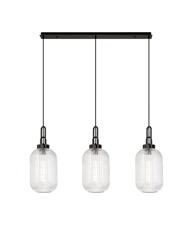 Allardyce Linear 3 Light Pendant With 20cm Tubular Ribbed Glass, Black Chrome/Matt Black Clear