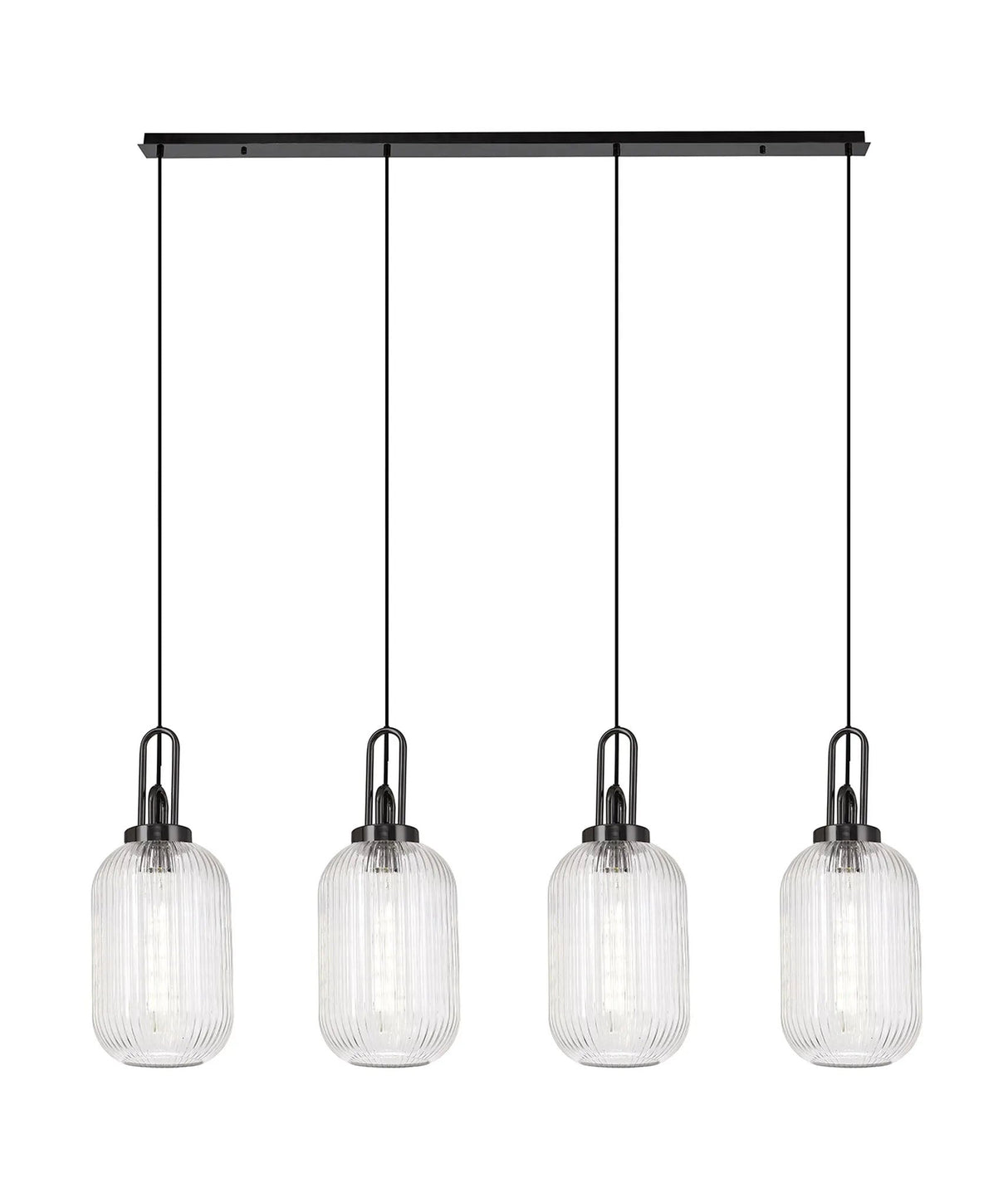 Allardyce Linear 4 Light Pendant With 20cm Tubular Ribbed Glass, Black Chrome/Matt Black Clear